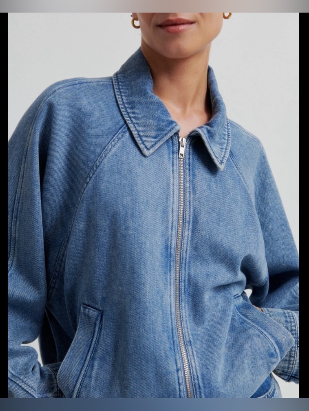 Light Blue Denim Zip-Front bomber jacket